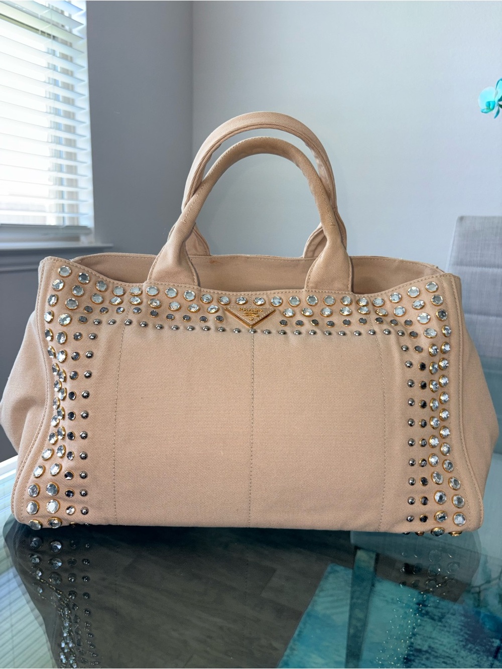 Prada Canapa Bijoux Crystal Embellished Tote GM
